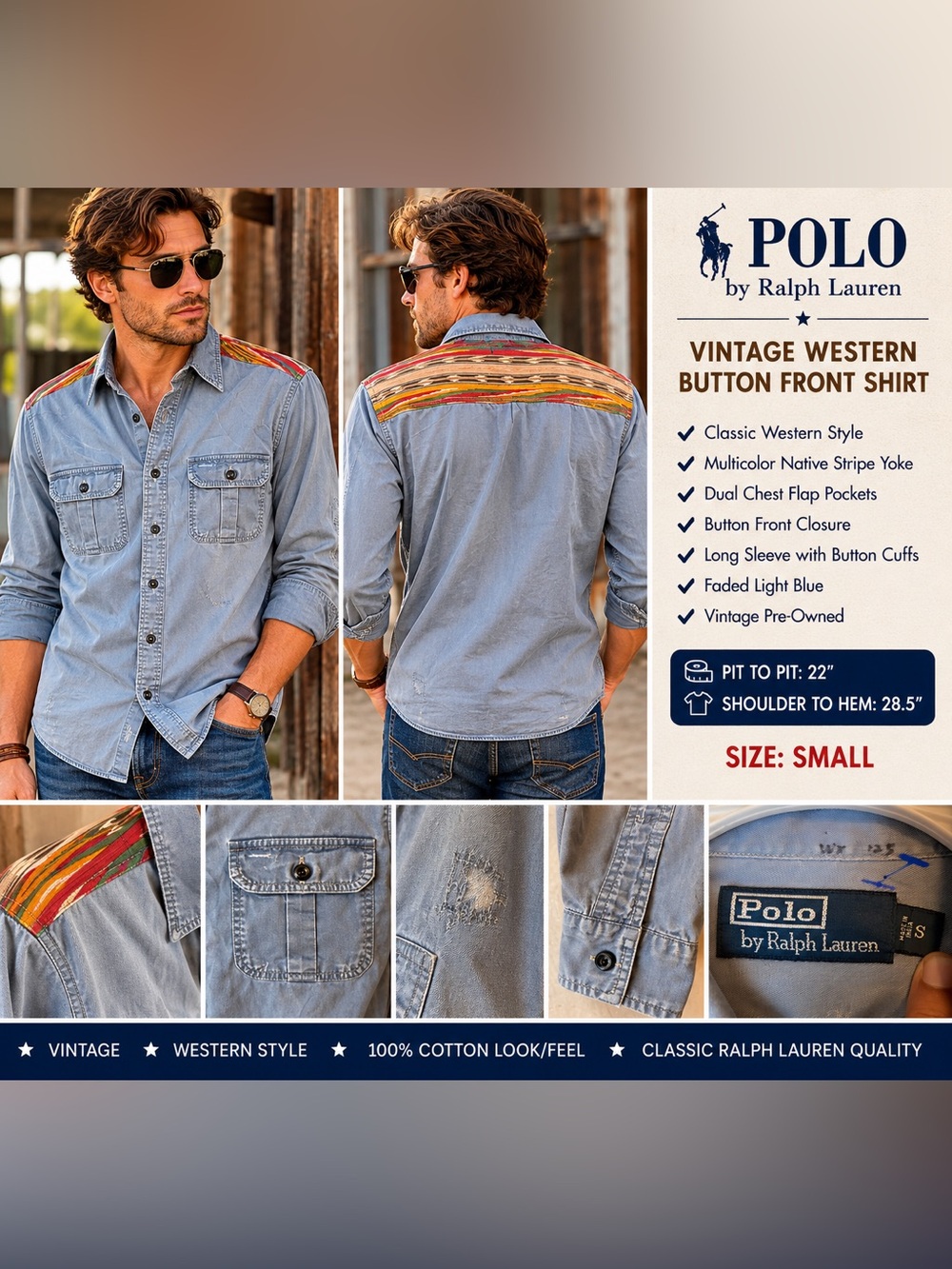 Vintage Polo Ralph Lauren Western Shirt Men’s Small Blue Native Stripe Yoke